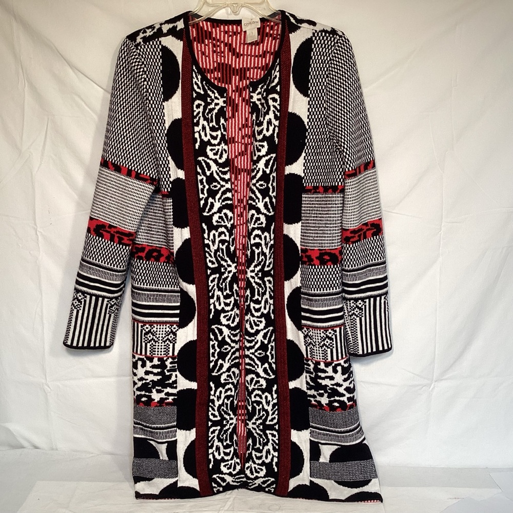 Chico's Natasha Bold Black White and Red Patterned Long Cardigan Women’s Size 1